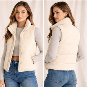 FRNCH Paris Cream Corduroy Puffer Vest XS Parisian Chic Neutral Fall Layer